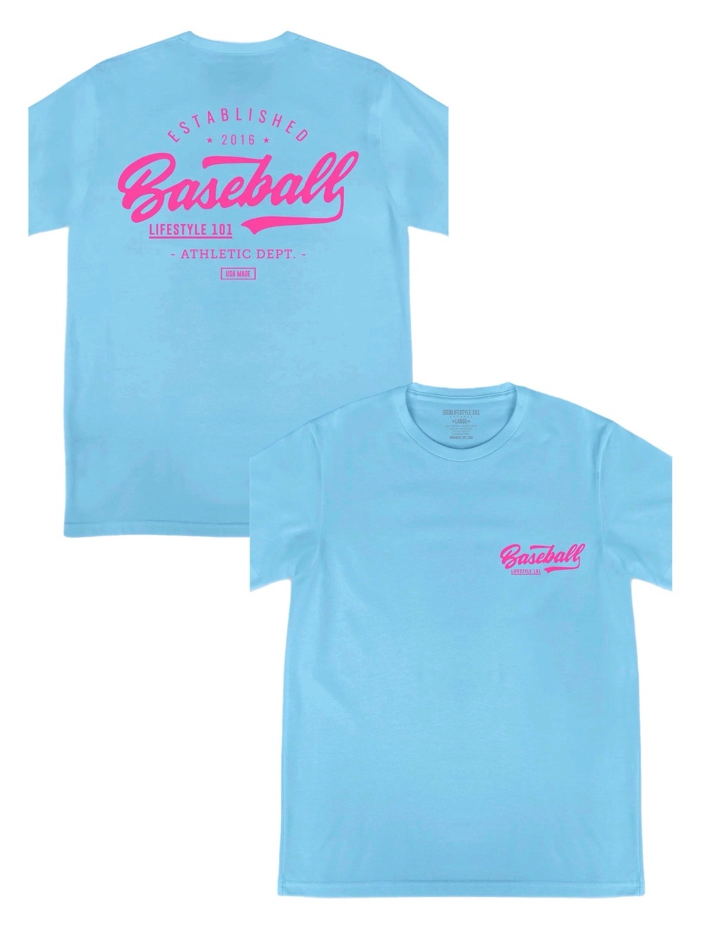 Light Blue Short Sleeve 'Baseball' Graphic Tee with Pink Print